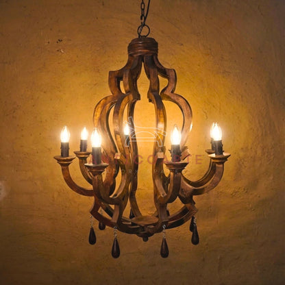 AnticoArte 8-Arm Crown Mango Wood Chandelier | Hand-Carved Wooden Candelabra Chandelier with Teardrop Pendants | Colonial Baroque Ceiling Light for Dining Room, Hotel & Heritage Decor