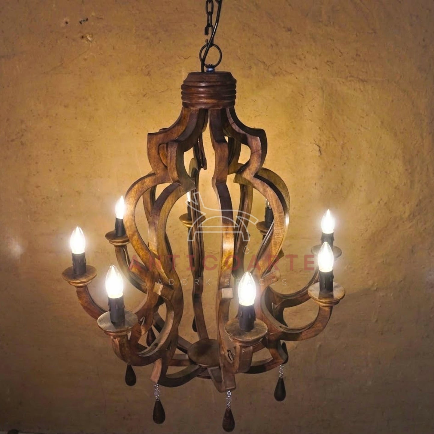 AnticoArte 8-Arm Crown Mango Wood Chandelier | Hand-Carved Wooden Candelabra Chandelier with Teardrop Pendants | Colonial Baroque Ceiling Light for Dining Room, Hotel & Heritage Decor