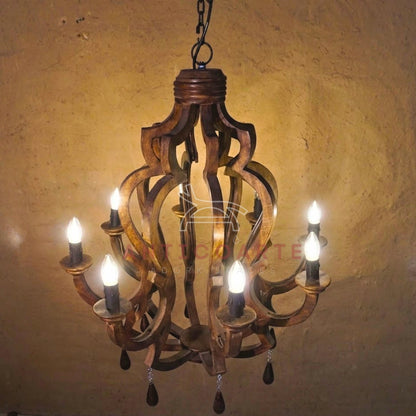 AnticoArte 8-Arm Crown Mango Wood Chandelier | Hand-Carved Wooden Candelabra Chandelier with Teardrop Pendants | Colonial Baroque Ceiling Light for Dining Room, Hotel & Heritage Decor