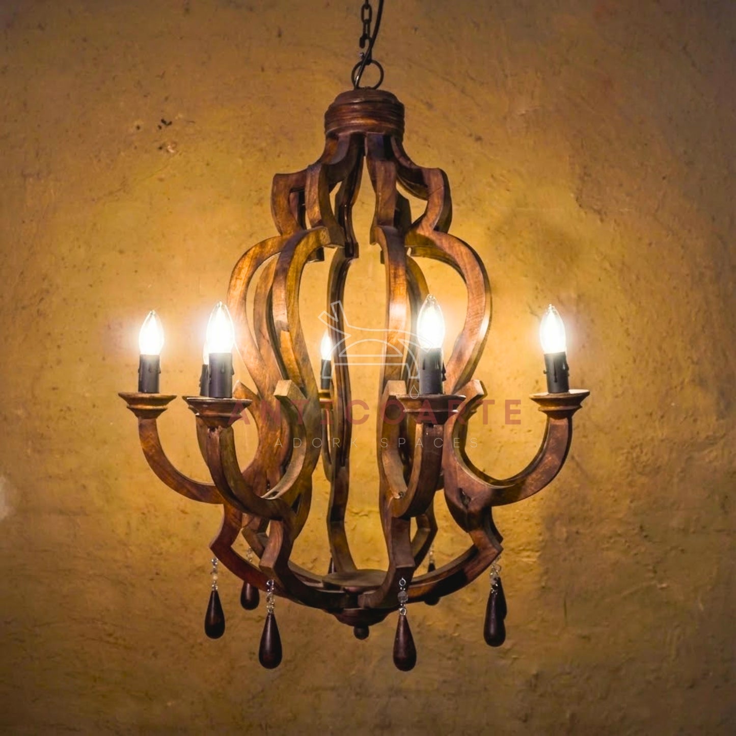 AnticoArte 8-Arm Crown Mango Wood Chandelier | Hand-Carved Wooden Candelabra Chandelier with Teardrop Pendants | Colonial Baroque Ceiling Light for Dining Room, Hotel & Heritage Decor