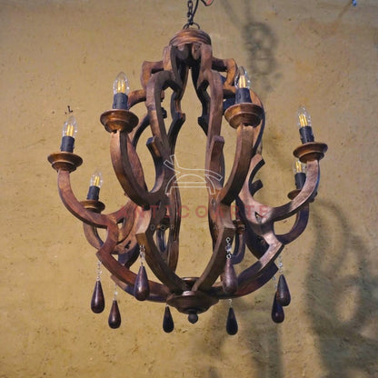 AnticoArte 8-Arm Crown Mango Wood Chandelier | Hand-Carved Wooden Candelabra Chandelier with Teardrop Pendants | Colonial Baroque Ceiling Light for Dining Room, Hotel & Heritage Decor