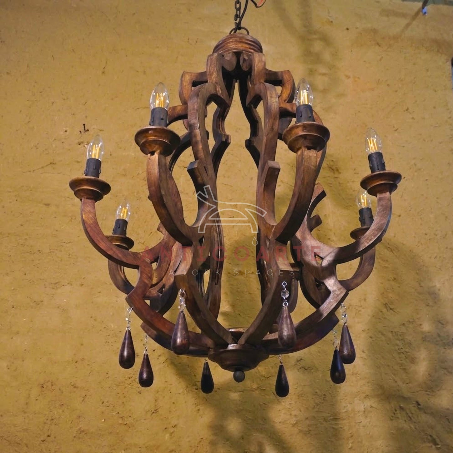 AnticoArte 8-Arm Crown Mango Wood Chandelier | Hand-Carved Wooden Candelabra Chandelier with Teardrop Pendants | Colonial Baroque Ceiling Light for Dining Room, Hotel & Heritage Decor