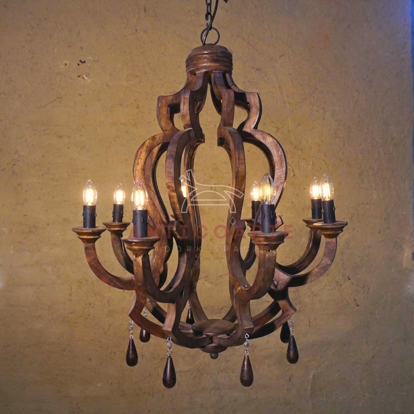 AnticoArte 8-Arm Crown Mango Wood Chandelier | Hand-Carved Wooden Candelabra Chandelier with Teardrop Pendants | Colonial Baroque Ceiling Light for Dining Room, Hotel & Heritage Decor