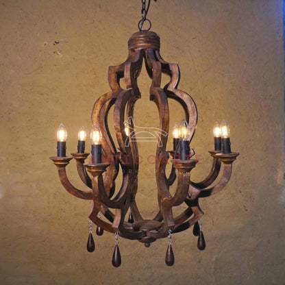 AnticoArte 8-Arm Crown Mango Wood Chandelier | Hand-Carved Wooden Candelabra Chandelier with Teardrop Pendants | Colonial Baroque Ceiling Light for Dining Room, Hotel & Heritage Decor