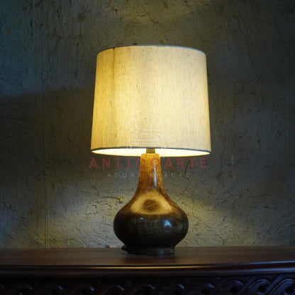 AnticoArte Teardrop Wood Table Lamp | Natural Linen Drum Shade Bedside Lamp | Hand-Turned Bulbous Wooden Base Table Light for Home & Hotel Decor