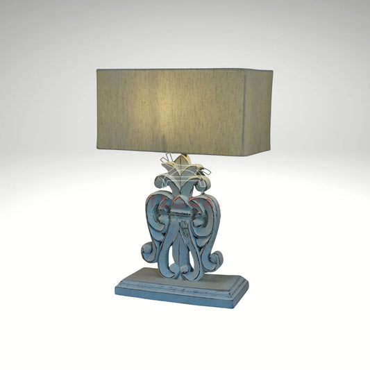 Vintage distressed white table lamp with a rectangular linen shade 