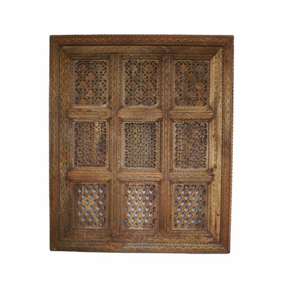 A hand-carved square wooden wall panel featuring a nine-grid design with intricate floral and geometric openwork lattices.