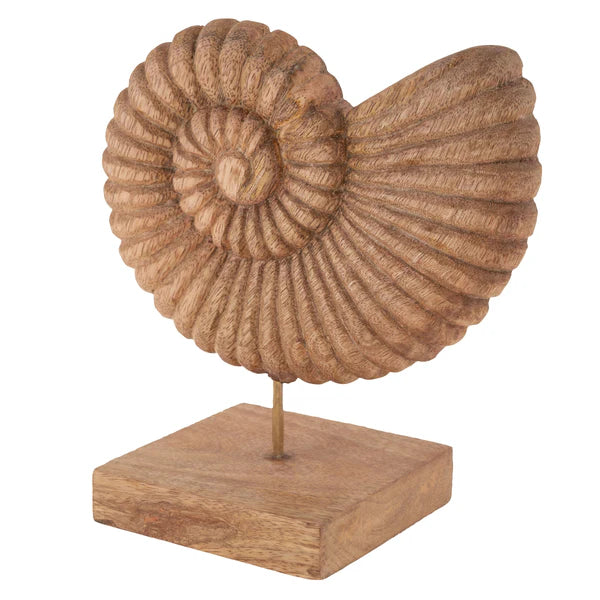 A decorative carved wooden nautilus shell sculpture mounted on a metal rod with a square wooden base.