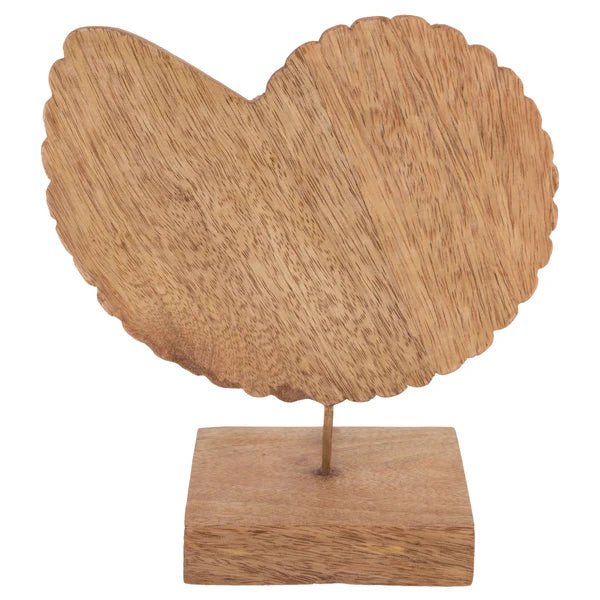 A decorative carved wooden nautilus shell sculpture mounted on a metal rod with a square wooden base.
