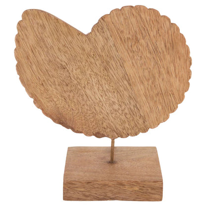A decorative carved wooden nautilus shell sculpture mounted on a metal rod with a square wooden base.