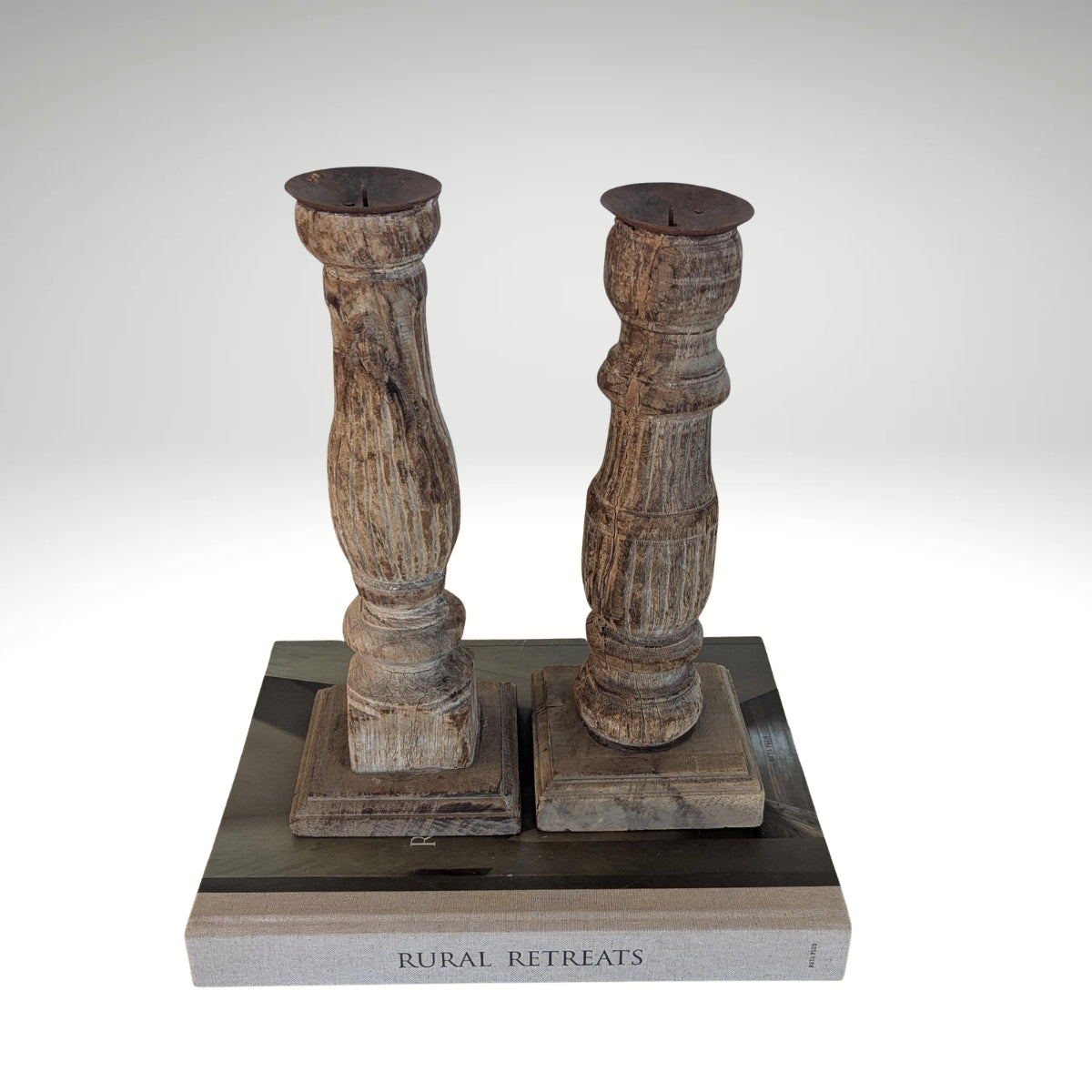 Two vintage-style turned wood candle holders 