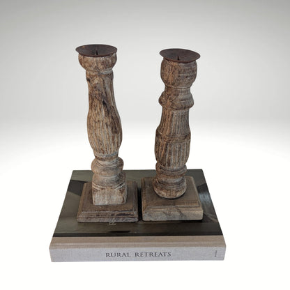 Two vintage-style turned wood candle holders 