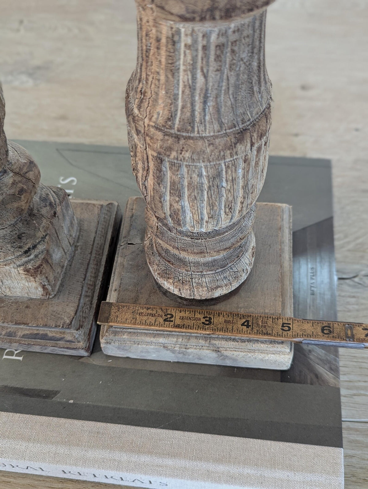 Two vintage-style turned wood candle holders 
