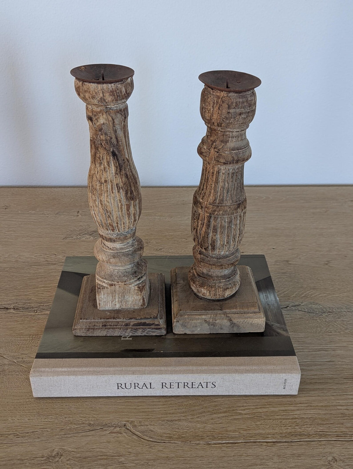 Two vintage-style turned wood candle holders 