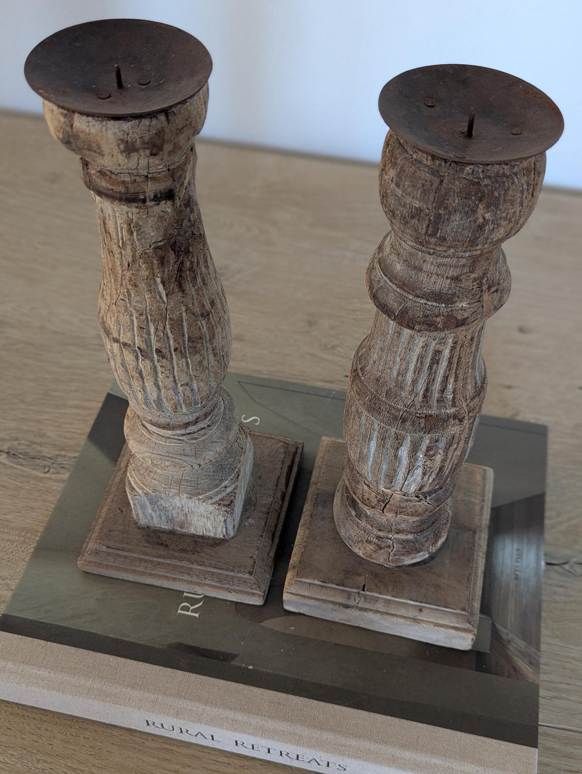 Two vintage-style turned wood candle holders 
