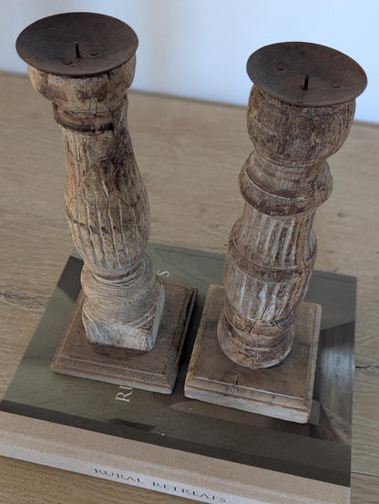 Two vintage-style turned wood candle holders 