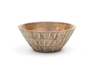 A round wooden bowl with a natural light brown wood interior and a textured, dark charcoal-grey ribbed exterior.