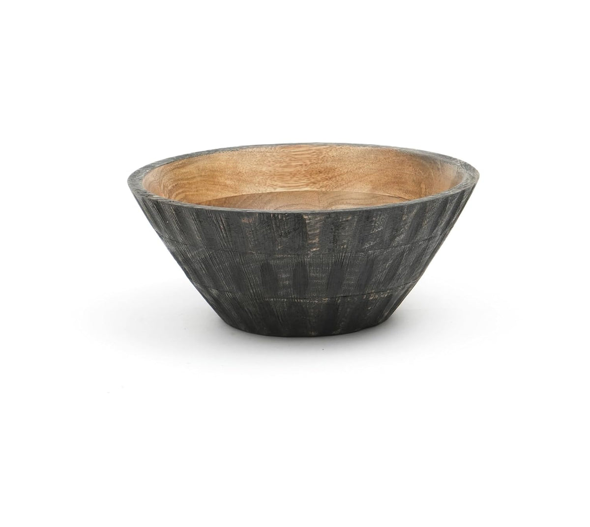 A round wooden bowl with a natural light brown wood interior and a textured, dark charcoal-grey ribbed exterior.