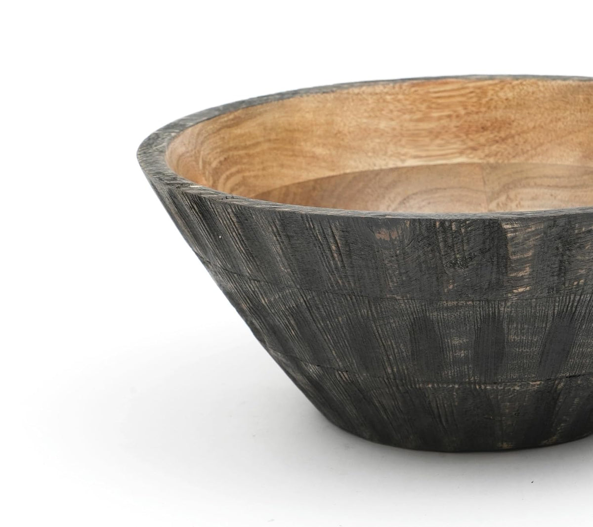 A round wooden bowl with a natural light brown wood interior and a textured, dark charcoal-grey ribbed exterior.