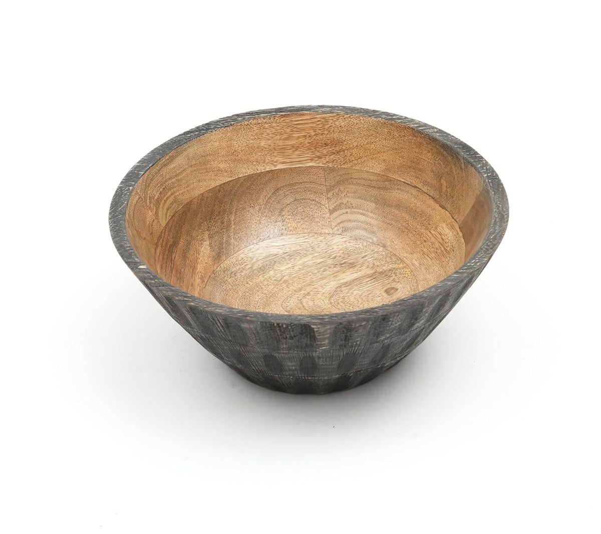 A round wooden bowl with a natural light brown wood interior and a textured, dark charcoal-grey ribbed exterior.