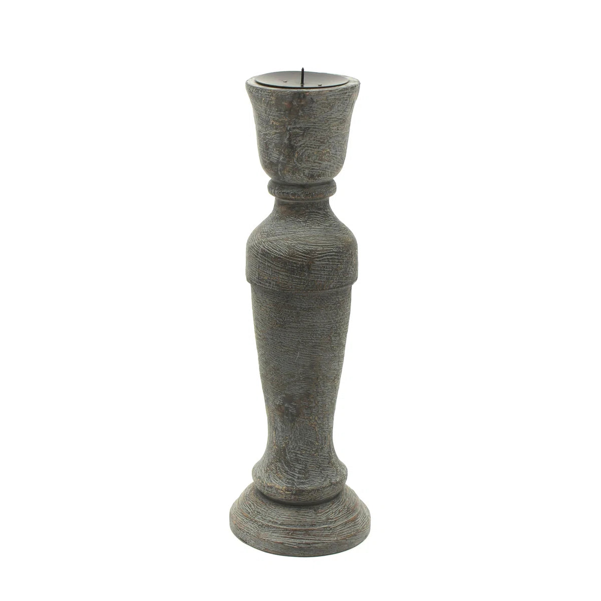 A pair of vintage-style distressed grey wooden candlestick holders