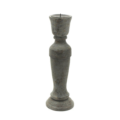 A pair of vintage-style distressed grey wooden candlestick holders