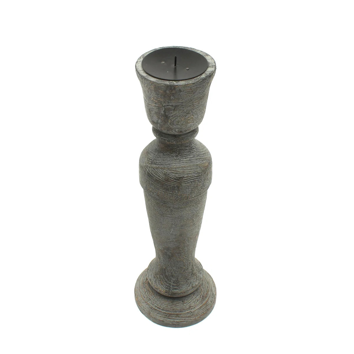 A pair of vintage-style distressed grey wooden candlestick holders