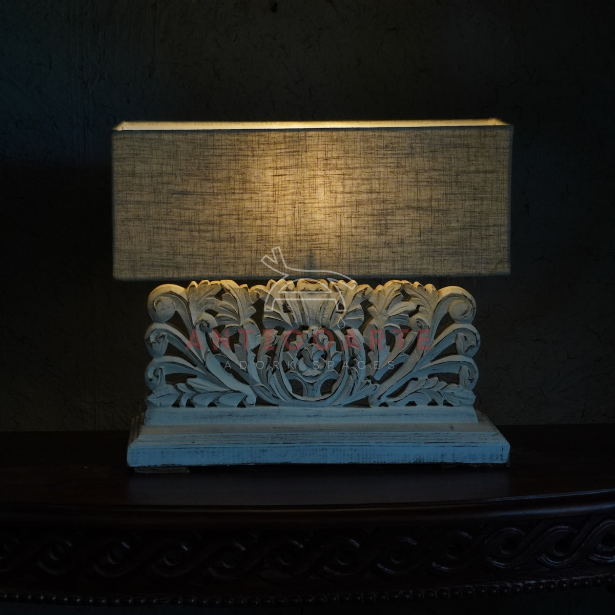 Distressed whitewash hand-carved floral wooden table lamp