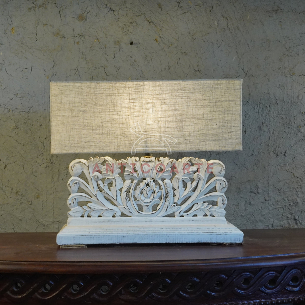 Distressed whitewash hand-carved floral wooden table lamp