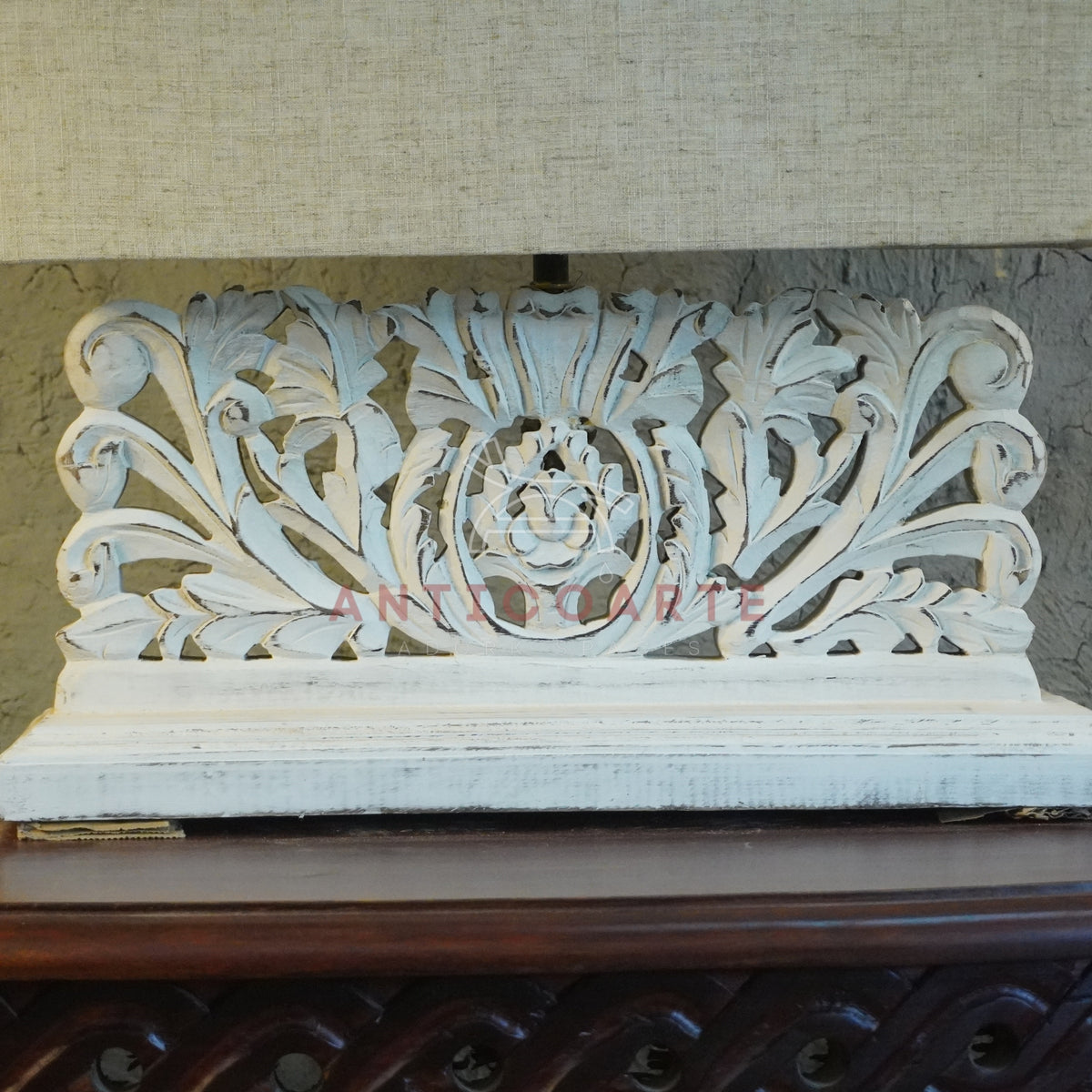 Distressed whitewash hand-carved floral wooden table lamp