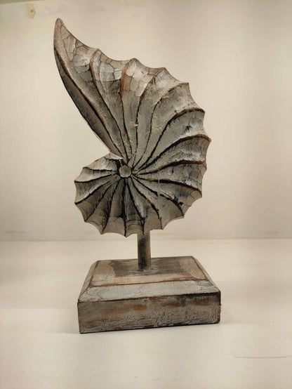 A hand-carved wooden nautilus shell sculpture with a distressed white finish.