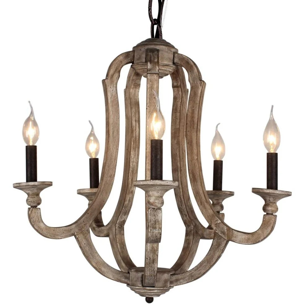 A 5-light rustic farmhouse chandelier made of distressed weathered wood with vintage candle-style bulbs.
