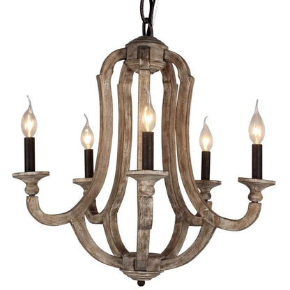 A 5-light rustic farmhouse chandelier made of distressed weathered wood with vintage candle-style bulbs.