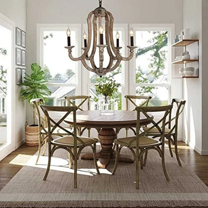 A 5-light rustic farmhouse chandelier made of distressed weathered wood with vintage candle-style bulbs.