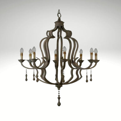 Rustic brown eight-light chandelier with an ornate scrolled frame and hanging wooden droplet accents.