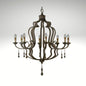 Rustic brown eight-light chandelier with an ornate scrolled frame and hanging wooden droplet accents.