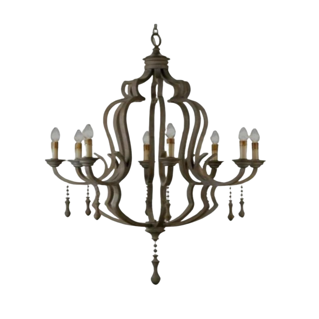 Rustic brown eight-light chandelier with an ornate scrolled frame and hanging wooden droplet accents.