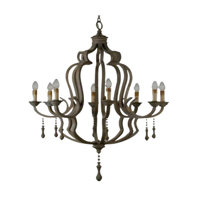 Rustic brown eight-light chandelier with an ornate scrolled frame and hanging wooden droplet accents.
