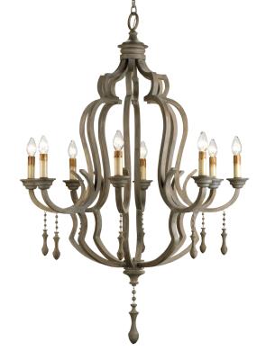 Rustic brown eight-light chandelier with an ornate scrolled frame and hanging wooden droplet accents.