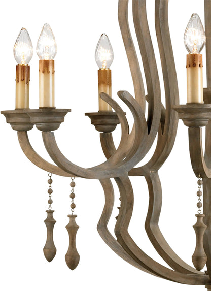 Rustic brown eight-light chandelier with an ornate scrolled frame and hanging wooden droplet accents.