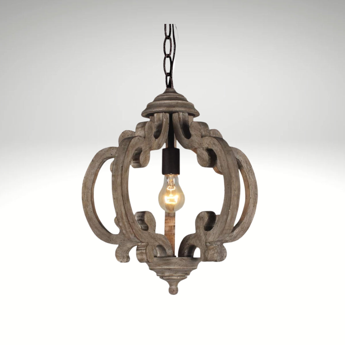 Antique French country style open-frame wooden chandelier light fixture.