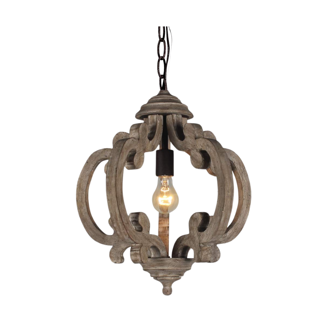 Antique French country style open-frame wooden chandelier light fixture.