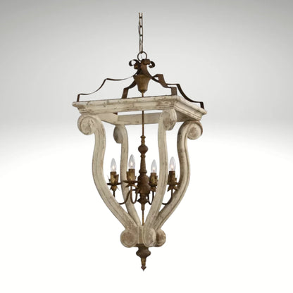 Rustic distressed white wood lantern chandelier with four candle lights.