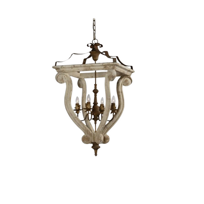 Rustic distressed white wood lantern chandelier with four candle lights.
