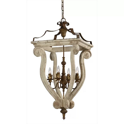 Rustic distressed white wood lantern chandelier with four candle lights.