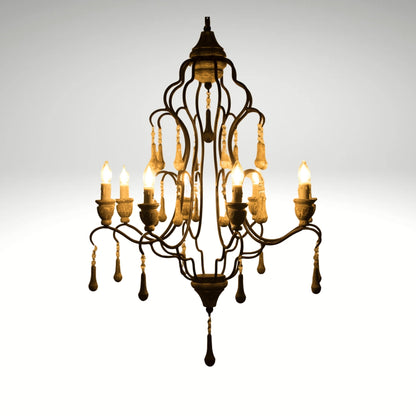 Vintage French Country Wrought Iron Chandelier with Crystal Drops