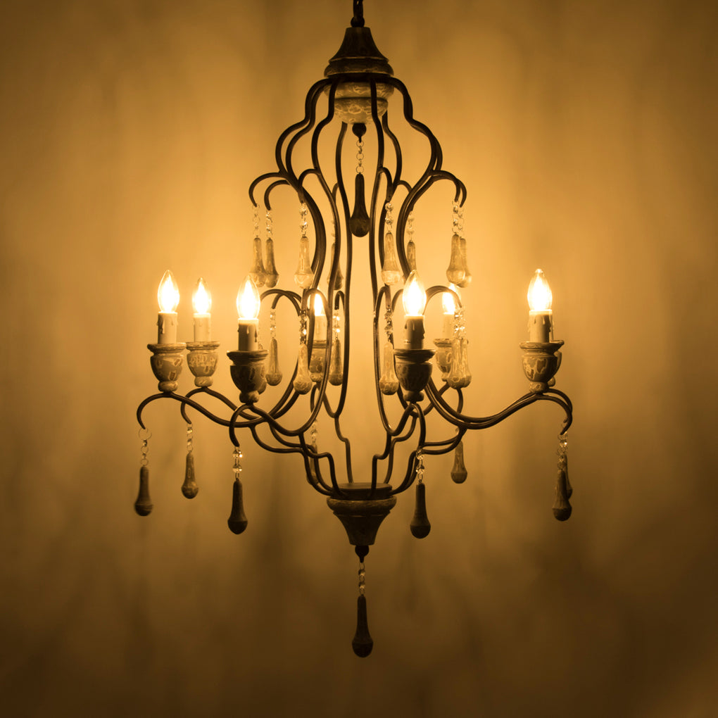 Vintage French Country Wrought Iron Chandelier with Crystal Drops