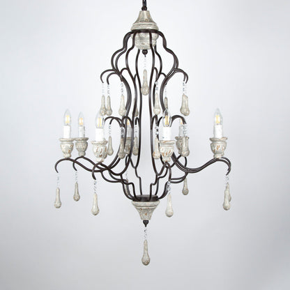 Vintage French Country Wrought Iron Chandelier with Crystal Drops