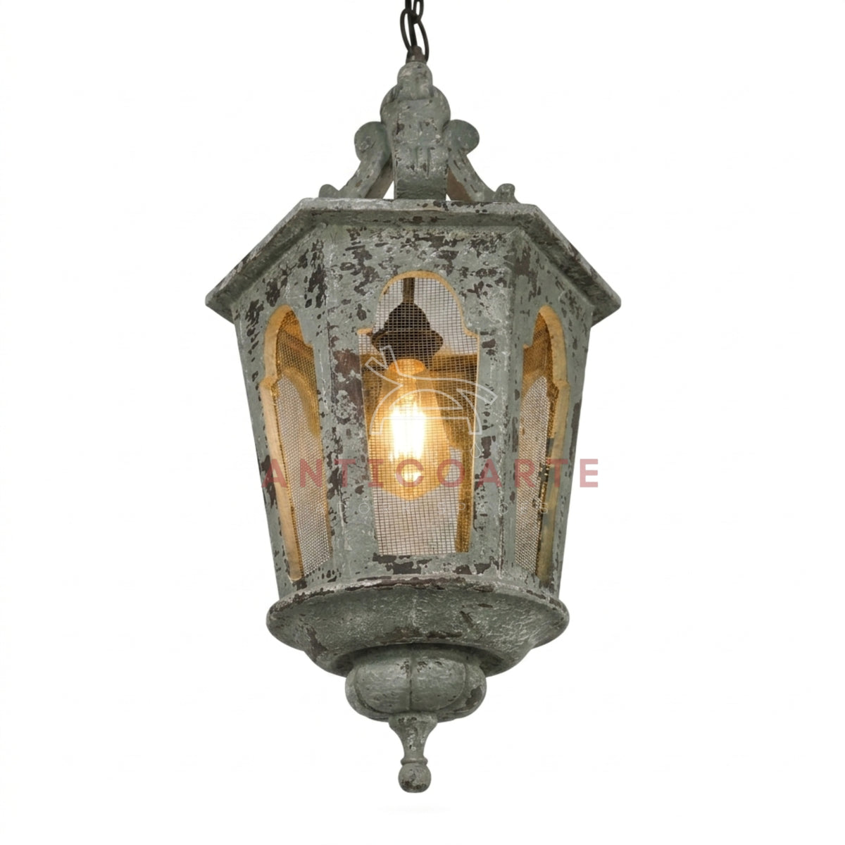Vintage rustic hanging light featuring an aged finish and traditional design