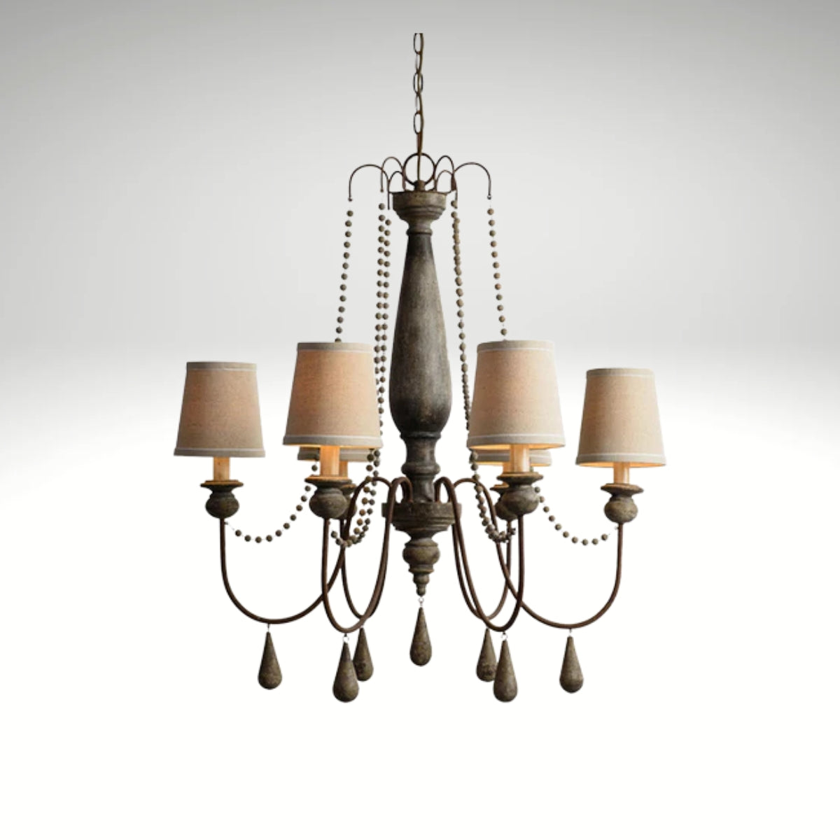 Rustic 6-light distressed wood chandelier with beige fabric shades and decorative beads.